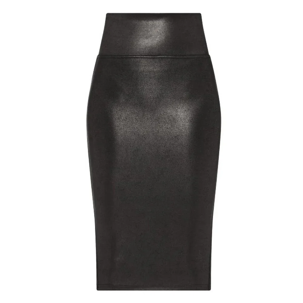 Spanx Faux Leather Pencil Skirt Very Black High-Waist Shiny Stretchy Edgy Midi
